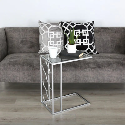 Moroccan Metal & Silver Sofa End Table Clear Mirror Glass Top-Esme Furnishings