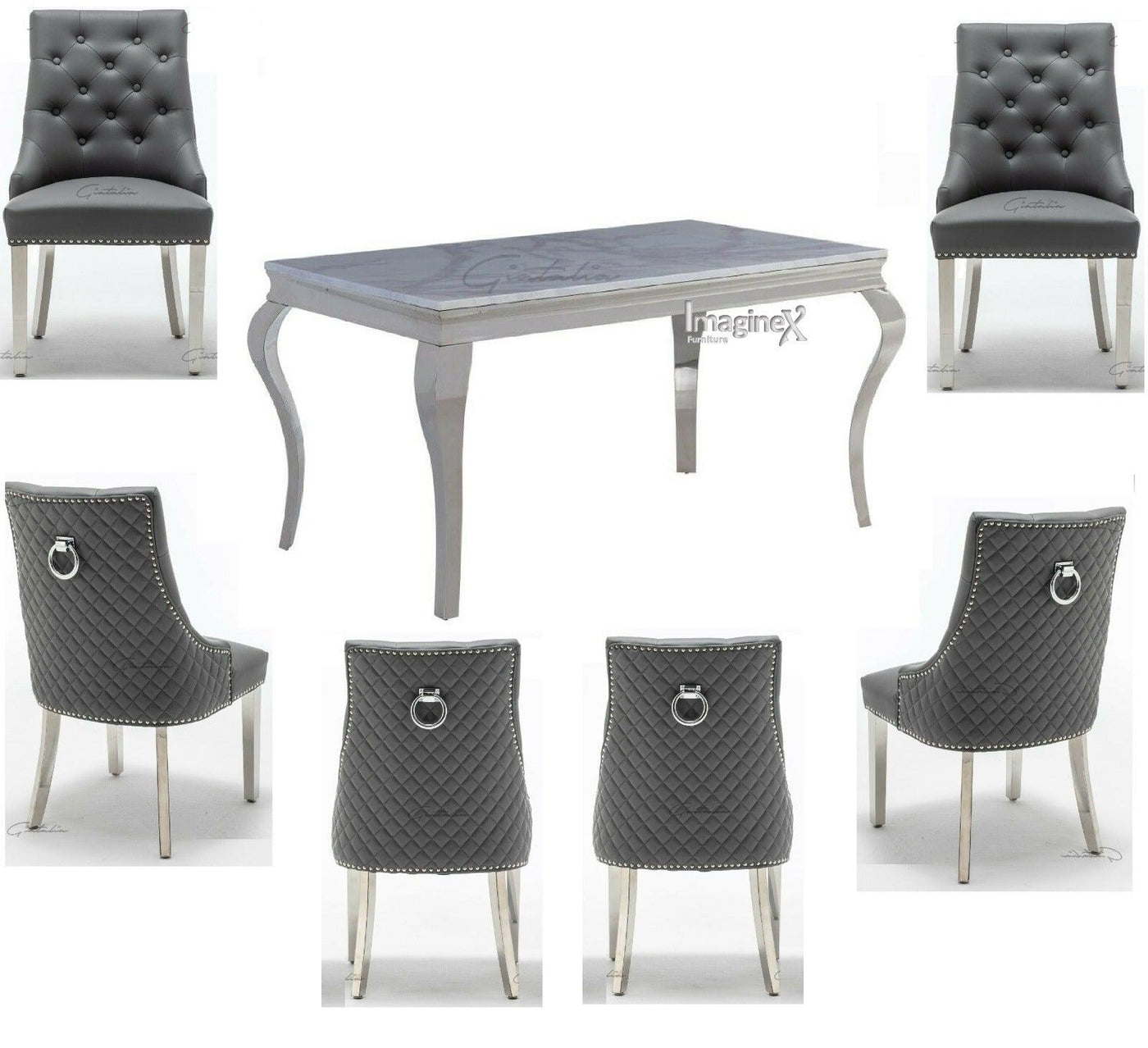 Louis 150cm White Marble Dining Table + Grey Chrome Ring Knocker Faux Leather Chairs-Esme Furnishings