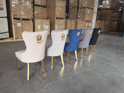 Belmont Light Grey Plush Velvet Gold Lion Knocker Quilted Back Dining Chairs With Gold Legs-Esme Furnishings