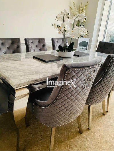 Louis 160cm Grey Marble Dining Table + Grey Lion Knocker Plush Velvet Chairs-Esme Furnishings