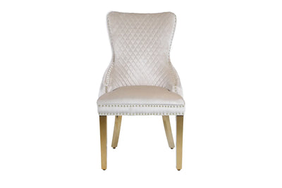 Louis Gold & White Marble Dining Table With Cream & Gold Lion Knocker Button Back Dining Chairs