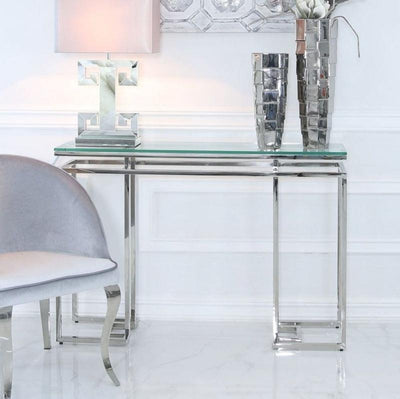 Mirado Chrome Glass & Stainless Steel Console Hall Table-Esme Furnishings