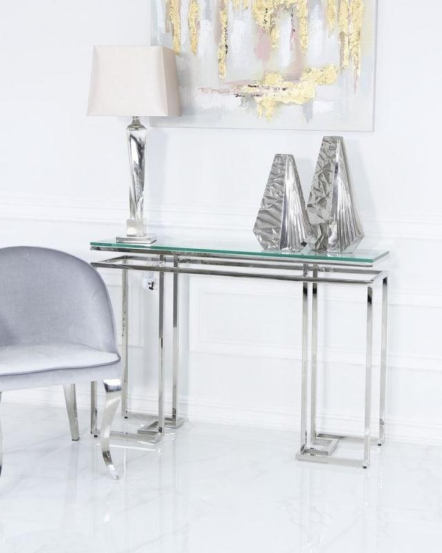 Mirado Chrome Glass & Stainless Steel Console Hall Table-Esme Furnishings