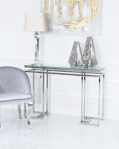 Mirado Chrome Glass & Stainless Steel Console Hall Table-Esme Furnishings