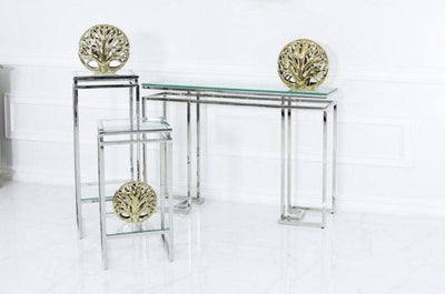Mirado Chrome Glass & Stainless Steel Console Hall Table-Esme Furnishings
