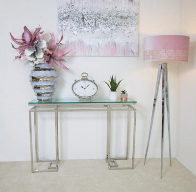 Mirado Chrome Glass & Stainless Steel Console Hall Table-Esme Furnishings