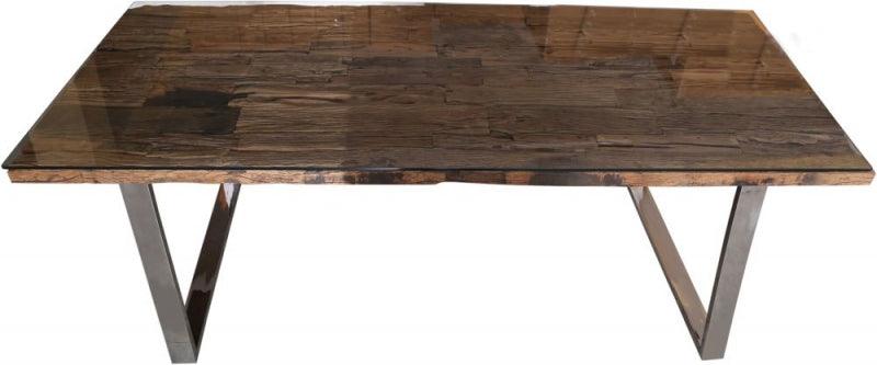 Railway Sleeper Reclaimed Wood Industrial Glass Top 180cm Dining Table-Esme Furnishings