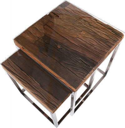 Railway Sleeper Reclaimed Wood Industrial Glass Top Nest of 2 Tables-Esme Furnishings