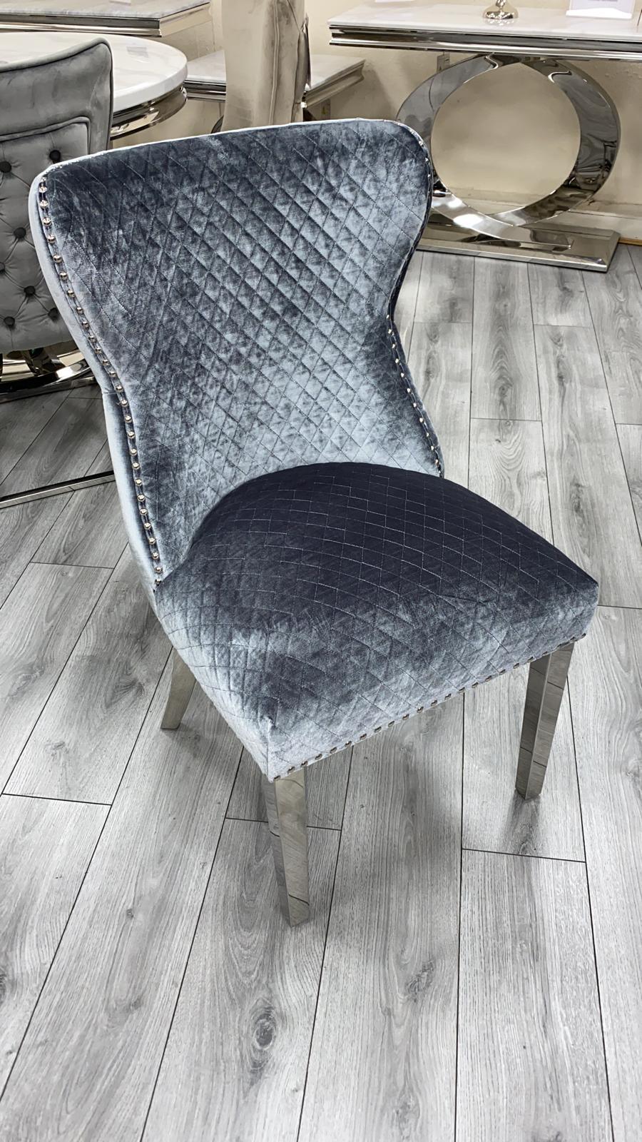 Arianna Grey Marble 180CM Dining Table + Valente Dark Grey Lion Velvet Chairs-Esme Furnishings