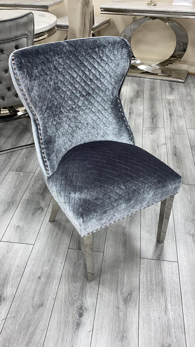 Louis 150cm Grey Marble Dining Table + Valente Dark Grey Lion Knocker Velvet Chairs-Esme Furnishings