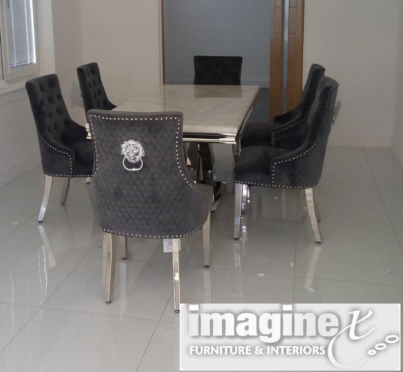 Ottavia White Marble 180CM Dining Table + Lion Knocker Plush Velvet Dining Chairs-Esme Furnishings