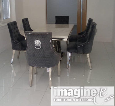 Ottavia White Marble 180CM Dining Table + Lion Knocker Plush Velvet Dining Chairs-Esme Furnishings