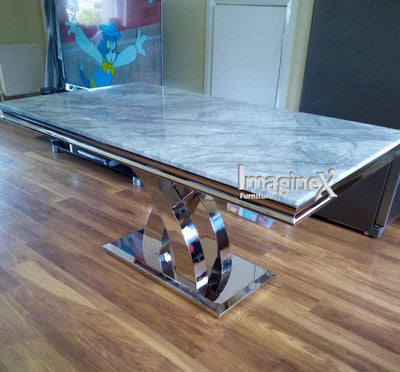 Ottavia 180cm Grey Marble Dining Table + Grey Lion Knocker Faux Leather Chairs-Esme Furnishings