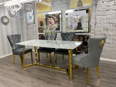 Lucien 180cm Gold Dining Table with Pandora Gold Sintered Stone Top + Belmont Gold Lion Knocker Dining Chairs-Esme Furnishings