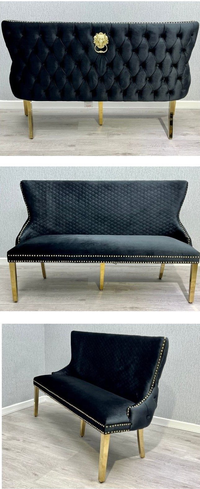 Valentino Gold Lion Knocker Quilted Tufted Black Plush Velvet 160cm Dining Bench