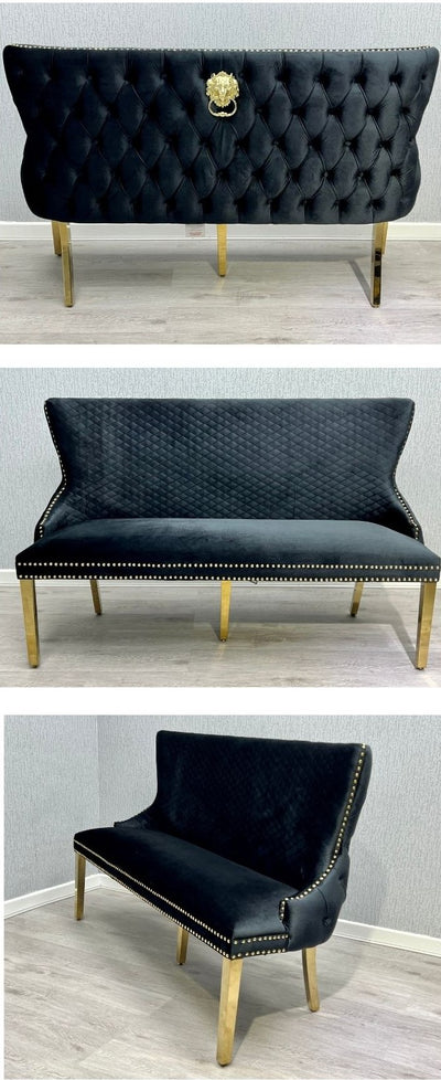 Valentino Gold Lion Knocker Quilted Tufted Black Plush Velvet 160cm Dining Bench