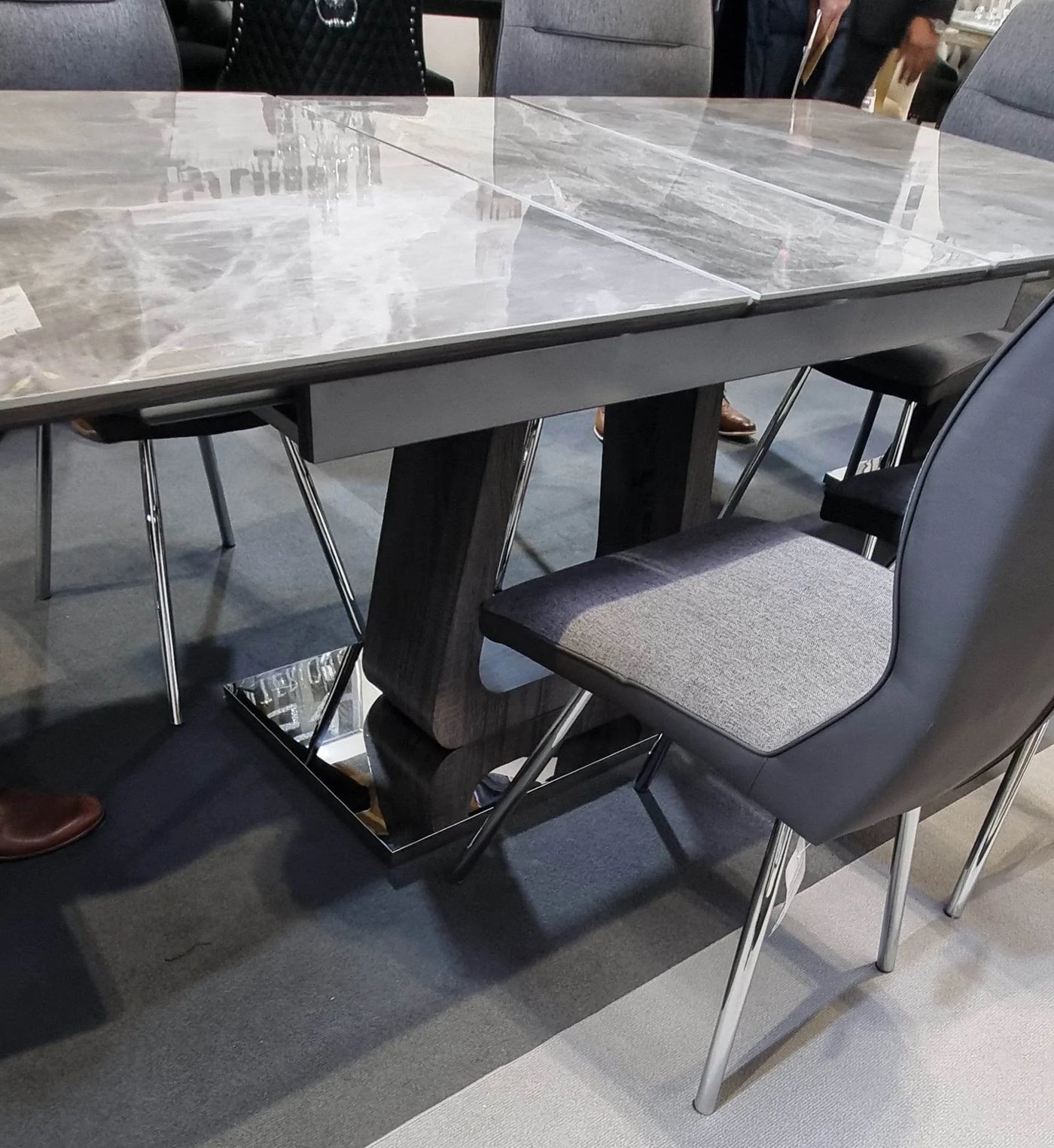 Zermatt 120cm Fixed Ceramic Grey Marble Dining Table + 4 Fabric Dining Chairs