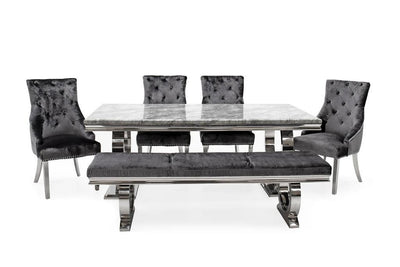 Arianna 180cm Grey Marble Dining Table + 4 Belle Charcoal Velvet Dining Chairs + 180cm Bench-Esme Furnishings