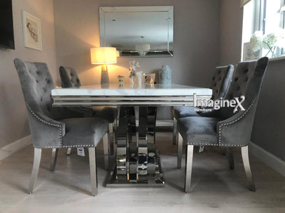 Ottavia White Marble 180CM Dining Table + Knightsbridge Chrome Knocker Plush Velvet Dining Chairs-Esme Furnishings
