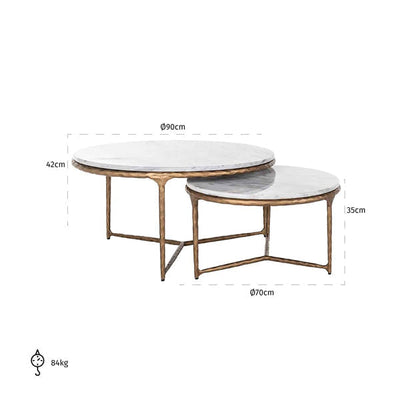 Richmond Steel Smith Brushed Gold Legs And White Marble Top Set Of 2 Coffee Table-Belmont Interiors