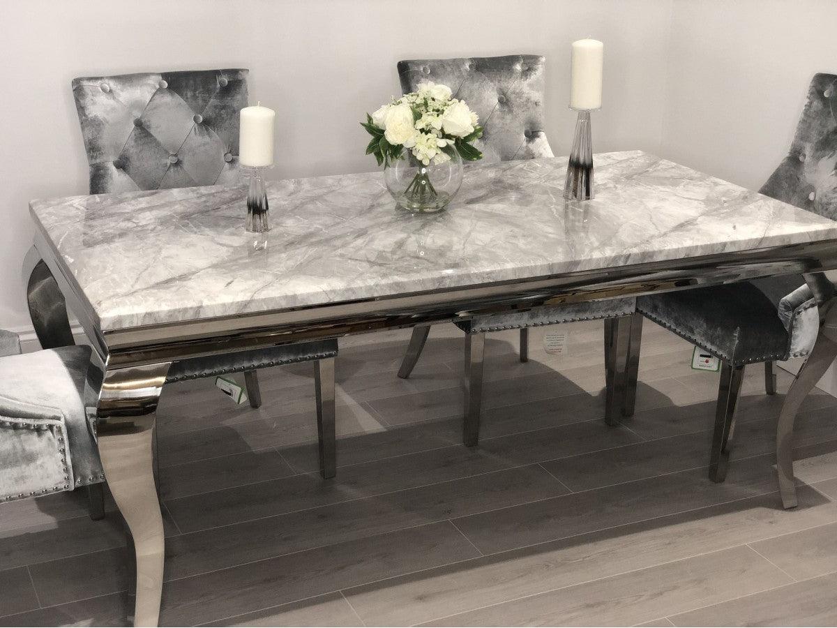 Louis Grey Marble 180CM Dining Table + Grey Lion Chairs, 160cm Bench O