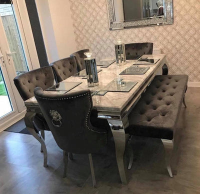 Louis 160cm Grey Marble Dining Table + 4 Dark Grey Lion PU Leather Knocker Chairs + 130cm PU Leather Bench-Esme Furnishings
