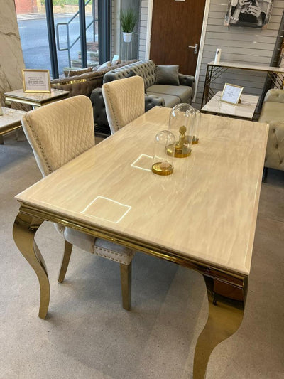 Louis Gold Cream Marble Dining Table With Shimmer Gold Ring Knocker Dining Chairs