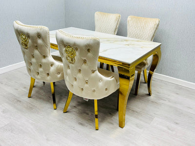Louis Gold 150cm Ceramic Marble Cream Gold Dining Table With Shimmer Gold Lion Knocker Dining Chairs