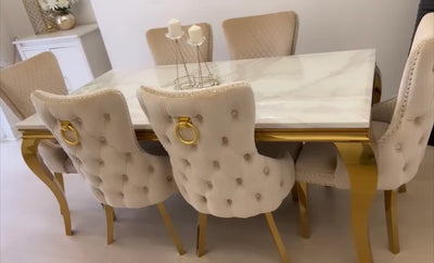 Louis Gold & White Marble Dining Table With Cream & Gold Ring Knocker Dining Chairs