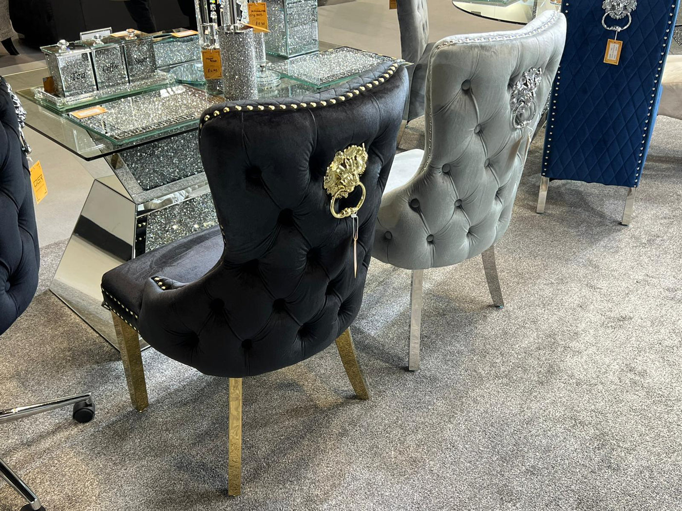 Louis 180cm Black & Gold Marble Dining Table + Valencia Lion Knocker Velvet Gold Leg Chairs-Esme Furnishings