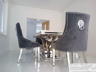 Ottavia White Marble 180CM Dining Table + Lion Knocker Plush Velvet Dining Chairs-Esme Furnishings