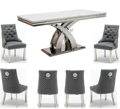 Ottavia 180cm White Marble Dining Table + Grey Lion Knocker Faux Leather Chairs-Esme Furnishings