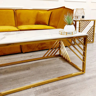 Azure Gold Coffee Table with Polar White Sintered Top-Esme Furnishings