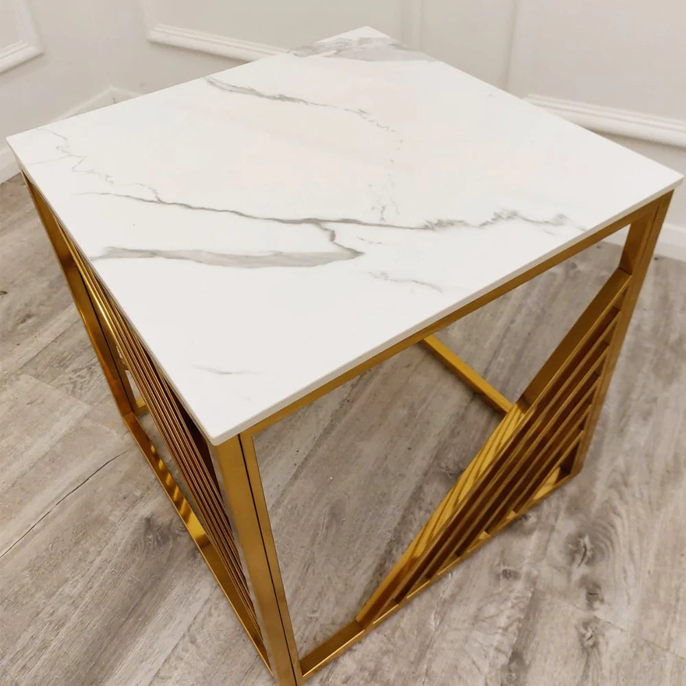 Azure Gold Lamp Side Table with Polar White Sintered Top-Esme Furnishings