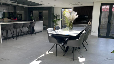 Phoenix 160-240cm White Ceramic Marble Extending Table + Grey Velvet Swivel Dining Chairs-Esme Furnishings
