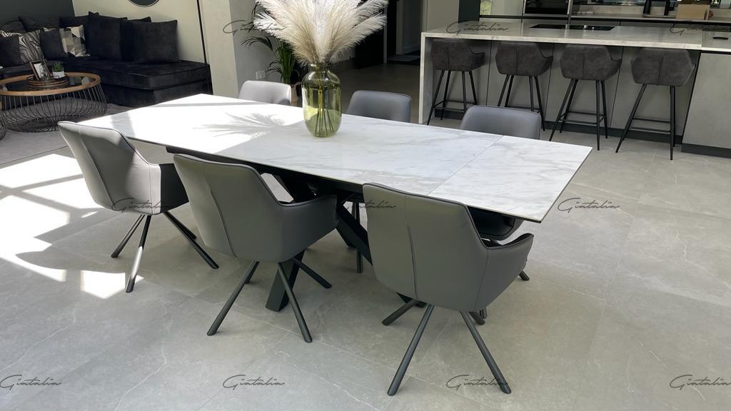 Phoenix 160-240cm White Ceramic Marble Extending Table + Grey Velvet Swivel Dining Chairs-Esme Furnishings