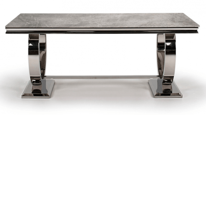 Arianna 180cm Grey Marble Dining Table + Light Grey Button Lion Knocker Velvet Chairs-Esme Furnishings