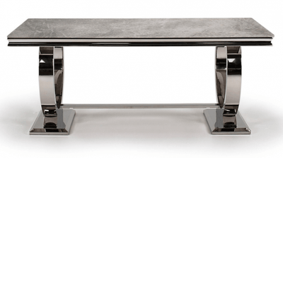 Arianna 180cm Grey Marble Dining Table + Light Grey Button Lion Knocker Velvet Chairs-Esme Furnishings