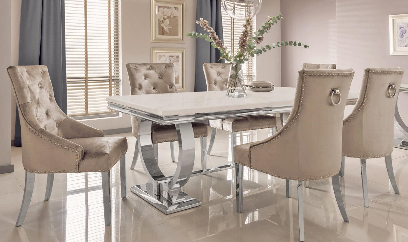 Arianna 200cm Cream Marble Dining Table + Belle Champagne Velvet Dining Chairs-Esme Furnishings