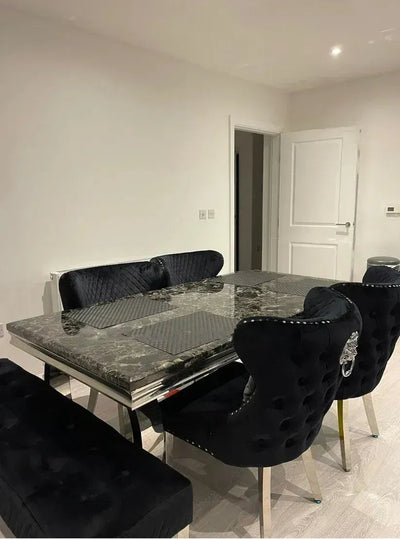 Arianna 180cm Black Marble Dining Table + Valentino Button Lion Knocker Black Velvet Chairs-Esme Furnishings