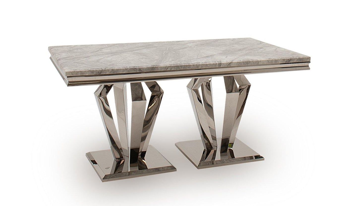 Arturo 180cm Grey Marble Dining Table + Grey Chrome Ring Knocker Faux Leather Chairs-Esme Furnishings