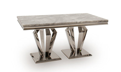 Arturo 180cm Grey Marble Dining Table + Grey Chrome Ring Knocker Faux Leather Chairs-Esme Furnishings