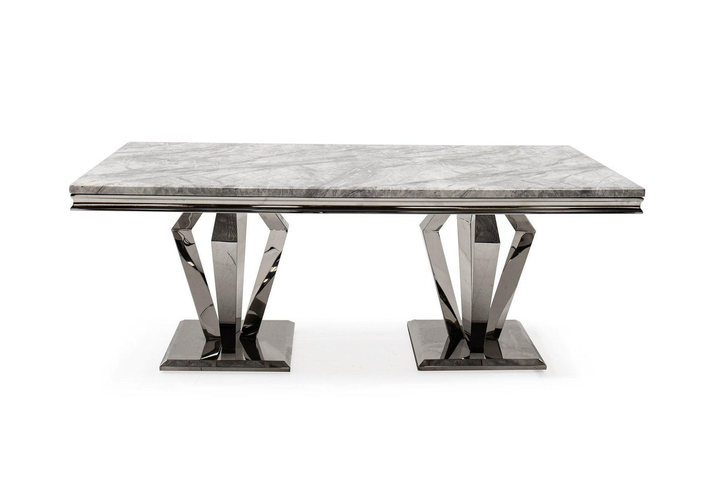 Arturo 200cm Grey Marble Dining Table + Grey Chrome Ring Knocker Faux Leather Chairs-Esme Furnishings