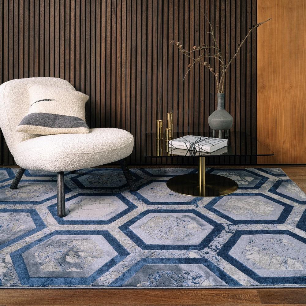 Aurora Hexagon AU19 Geometric Marble Rugs in Blue-Esme Furnishings