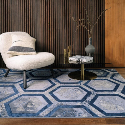 Aurora Hexagon AU19 Geometric Marble Rugs in Blue-Esme Furnishings