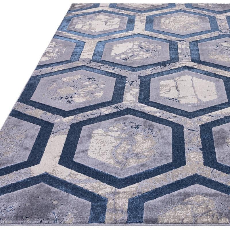 Aurora Hexagon AU19 Geometric Marble Rugs in Blue-Esme Furnishings
