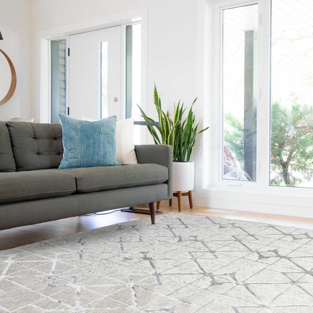 Aurora Lattice AU11 Geometric Rugs in Metallic Silver Beige-Esme Furnishings