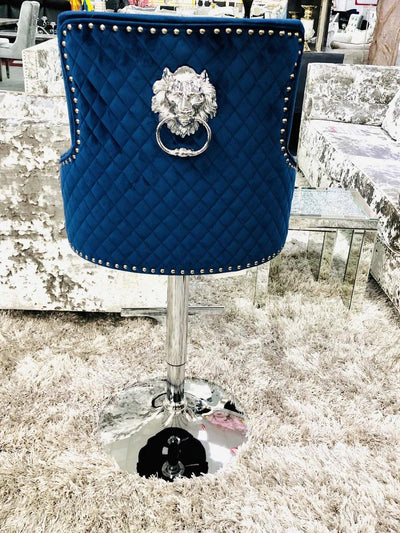 Majestic Blue Brushed Velvet Bar Stool With Lion Knocker-Esme Furnishings