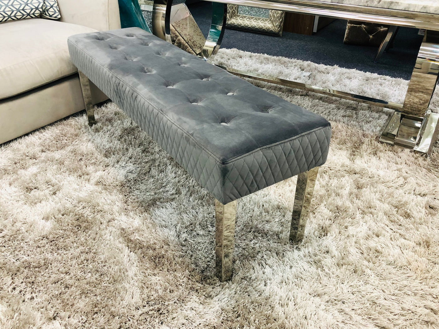 Majestic Grey Quilted Plush Velvet 140cm Bench-Esme Furnishings