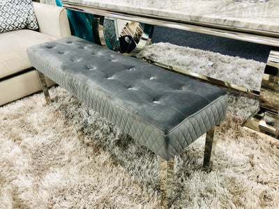 Majestic Grey Quilted Plush Velvet 140cm Bench-Esme Furnishings